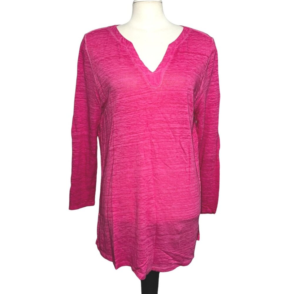 Chico's V Neck Long Sleeve Textured Casual Tunic Blouse Sz 1 (Medium) Womens Hot